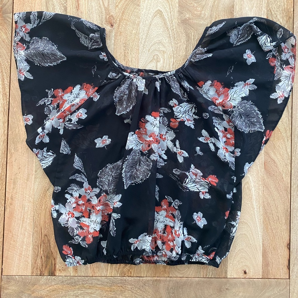 Full Tilt Black Sheer Floral Blouse with Red and White Accents